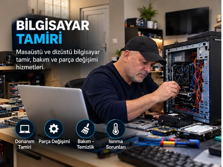 Osman Usta masaüstü bilgisayar tamiri yaparken